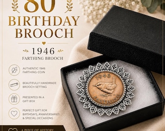 Broche pour 80e anniversaire : pièce de monnaie Wren Farthing de 1946, coffret cadeau