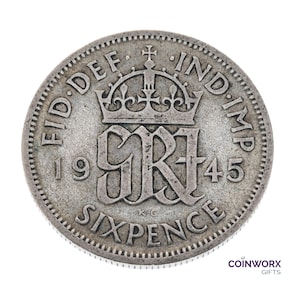 80e anniversaire - Pièce porte-bonheur de six pence en argent 1945 Grande-Bretagne - George VI - Idéal pour les anniversaires - Papa, maman, grand-père, grand-mère