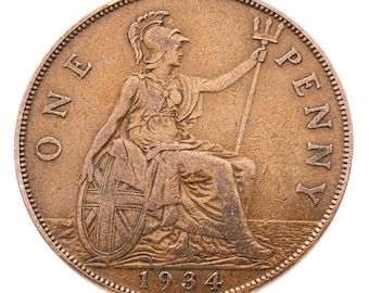 90th Birthday Gift - 1934 British Penny Coin Great Britain - George V - Perfect for Birthdays, Anniversary - Mum, Dad, Grandad, Grandma