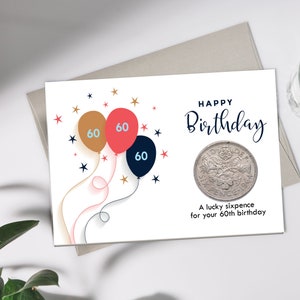 Carte/cadeau pour le 60e anniversaire - Année de naissance : 1964 ou 1965 Porte-bonheur de six pence pour l'intérieur de la carte de voeux d'anniversaire ! Maman, papa, grands-parents, anniversaire