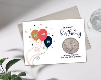60th Birthday Card/ Gift - Year of Birth: 1964 or 1965 Lucky Sixpence  for inside birthday greetings card! Mum, Dad, Grandparent, Birthday