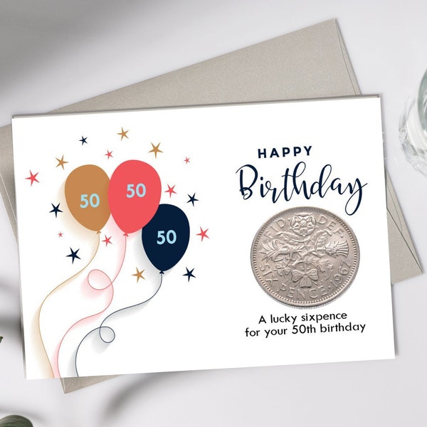 50th Birthday Card / gift - Year of Birth: 1973 Lucky Sixpence for inside birthday greetings card!, Sister, Mum, Dad (coin not 1973)