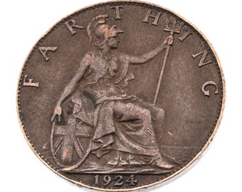 1924 Farthing Coin: UK King George V Bronze Britannia