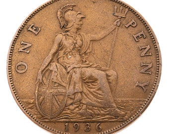 1936 British Penny Coin Great Britain - George V - Perfect for Birthdays, Anniversary, Craft or Jewelry - Mum, Dad, Grandad, Grandma