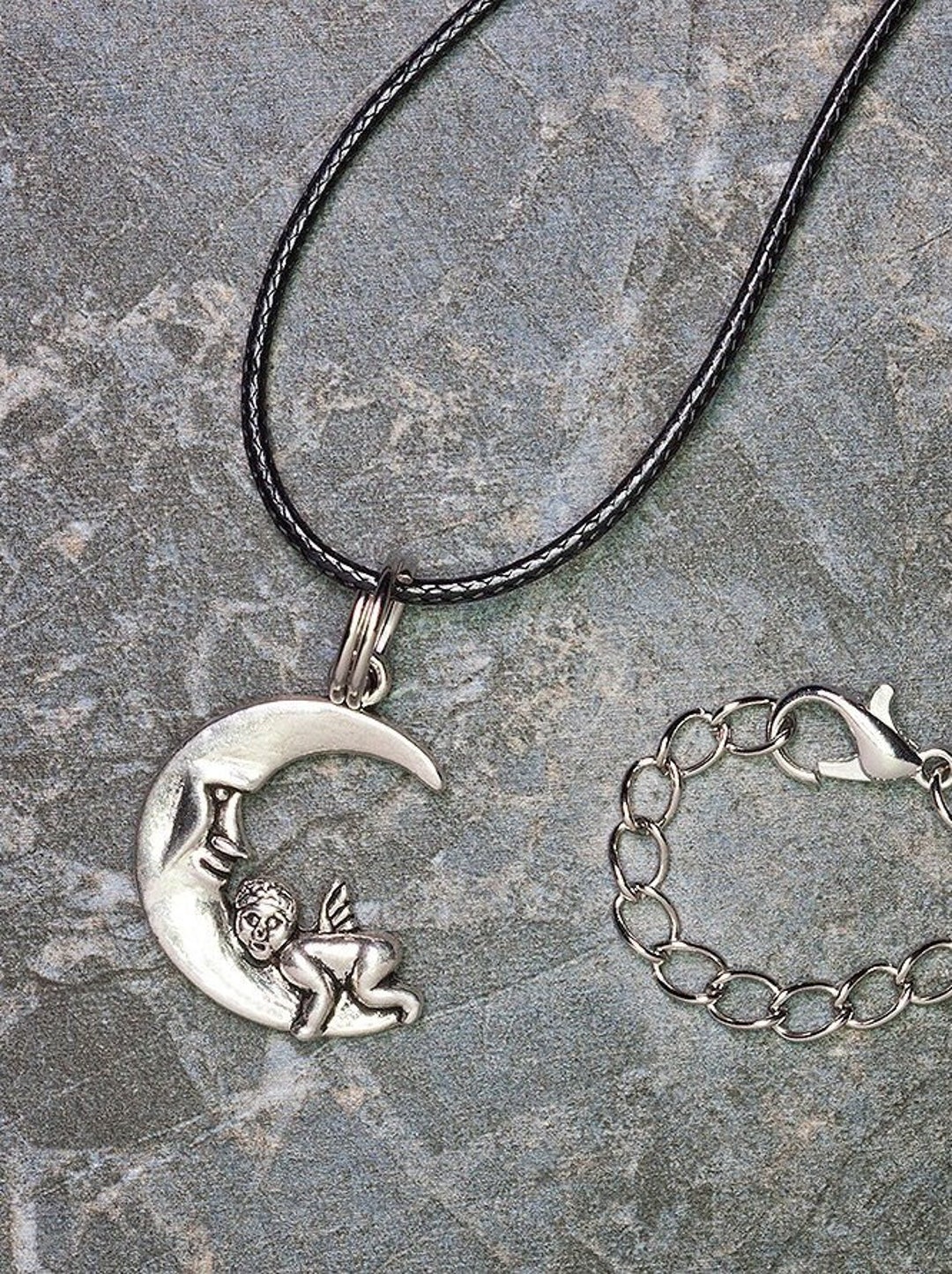 Moon W/baby Angel Pendant Necklace With 18 Black Cord Etsy