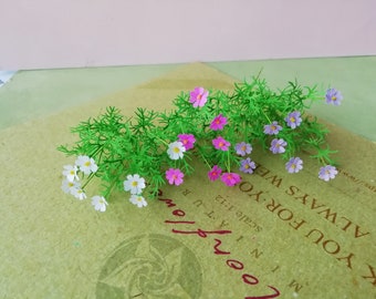 Flores en miniatura 24x mezcla lila, rosa y blanco cosmos 1:12 casa de muñecas flor jardín de hadas escala 1 "