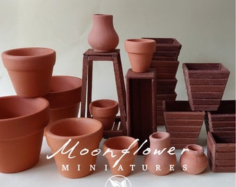 Miniatuur terracotta potten en houten plantenbakken 1:12 poppenhuis Fairy Cat Garden 1 inch schaal