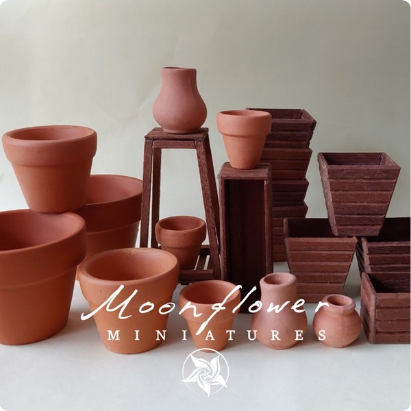 Miniature terracotta pots and  wooden planters 1:12 dollshouse fairy cat garden 1 inch scale