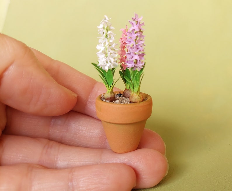 Miniature Hyacinth flower in the terracotta pot 1:12 dollshouse fairy cat garden 1 inch scale image 8