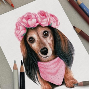 May include: A brown and black dachshund wearing a pink flower crown and a pink polka dot bandana. The dog is looking directly at the camera.