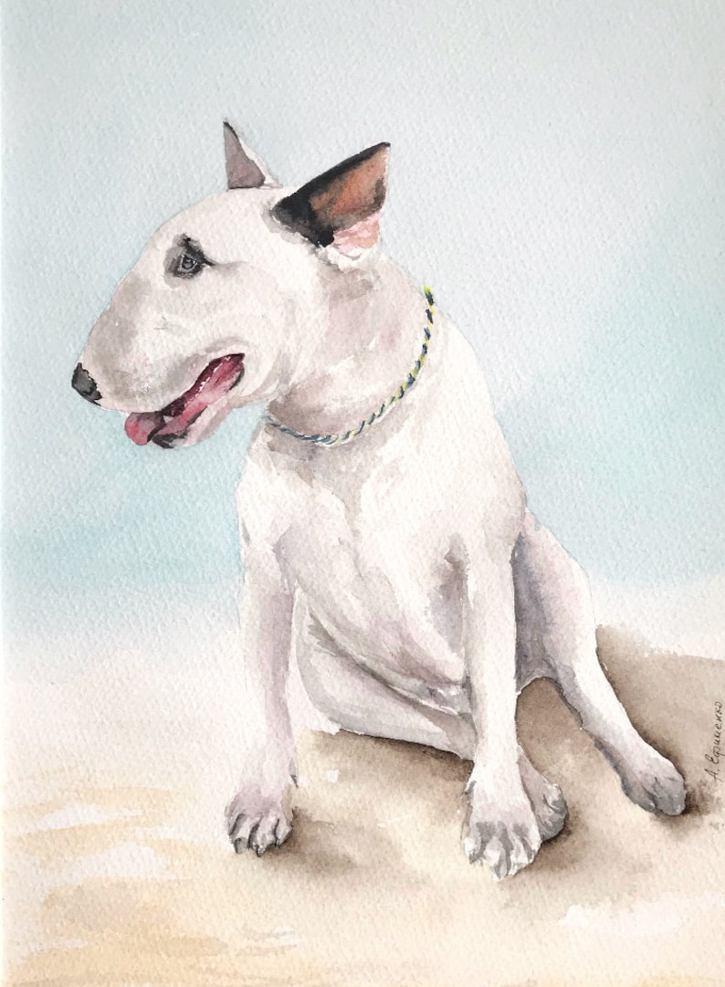 Bull terrier Custom painted pet portrait dog dad gift water color painting