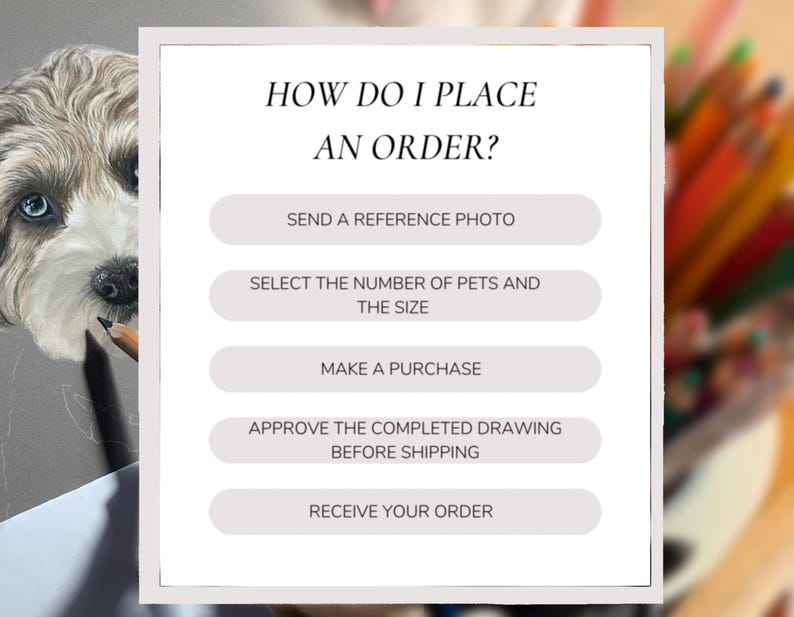 May include: A detailed drawing of a dog with blue eyes and a pencil. The image includes text that reads "HOW DO I PLACE AN ORDER?" followed by steps: Send a reference photo, select the number of pets and the size, make a purchase, approve the completed drawing before shipping, and receive your order.