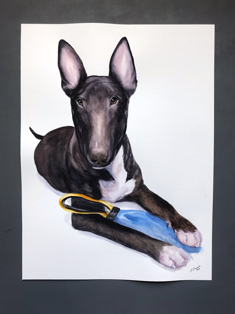 Bull terrier Custom painted pet portrait dog dad gift water color painting