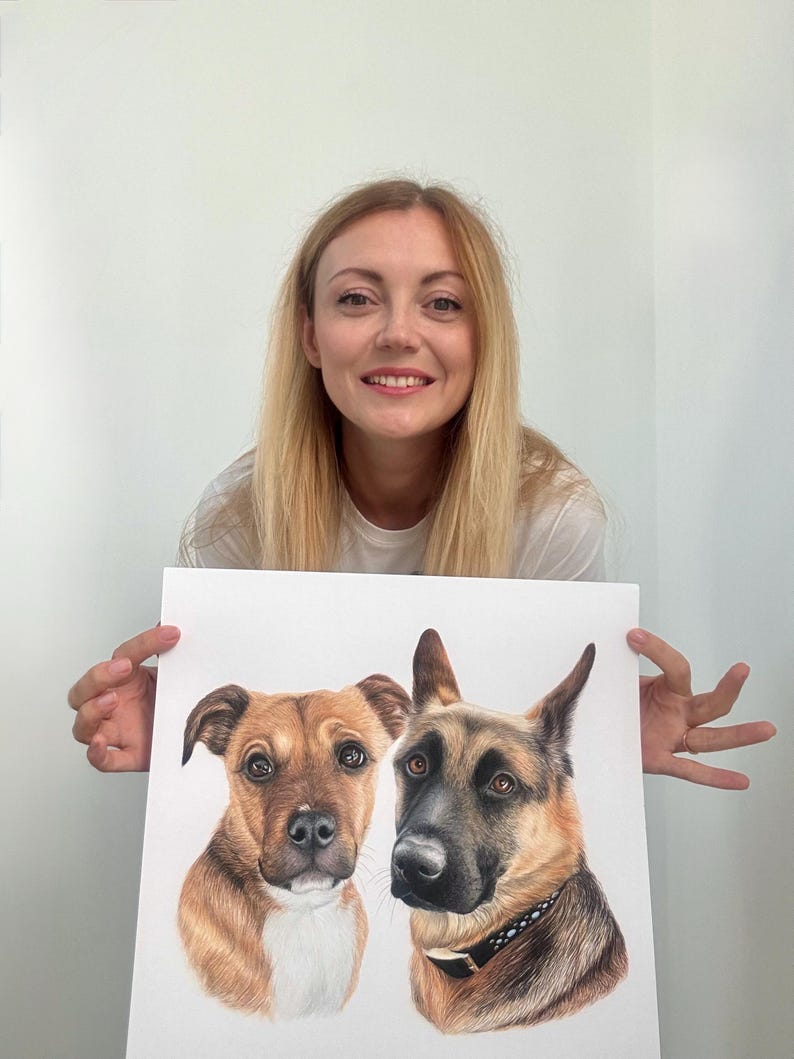 May include: A detailed colored pencil drawing of two dogs. One is a brown and white pit bull mix, and the other is a German Shepherd. The dogs are drawn on white paper.