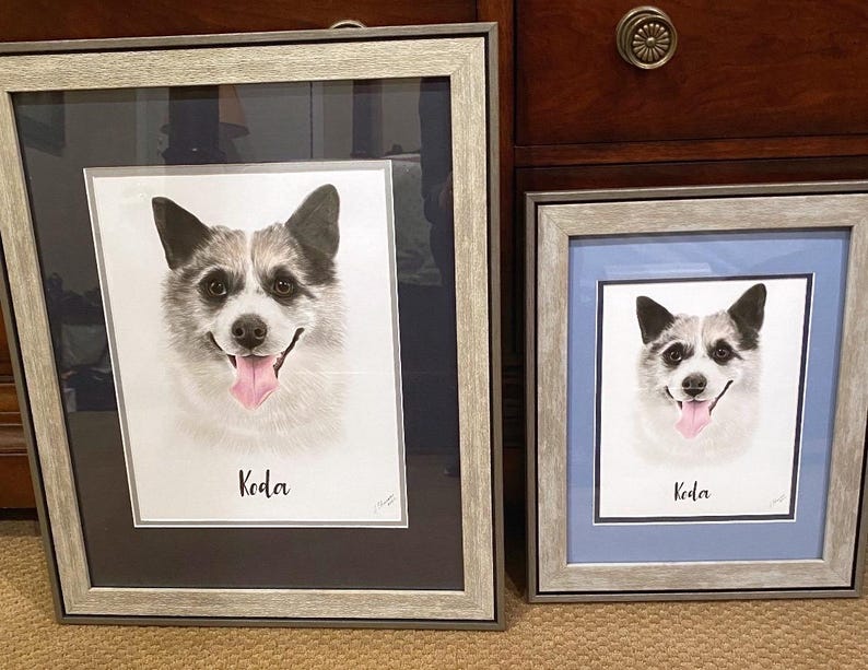 May include: Two framed portraits of a dog with a gray and white coat, black ears, and a pink tongue. The dog's name, "Koda," is written below the image in cursive. The frames are gray with a black or blue matting.