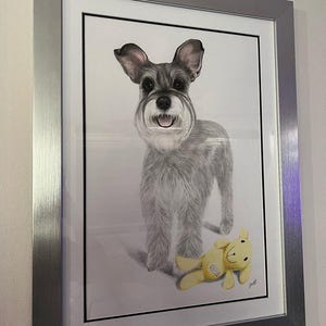 May include: A framed pencil drawing of a Schnauzer dog with gray fur, black ears, and a white beard. The dog is standing next to a yellow stuffed animal. The artwork is in a silver frame.