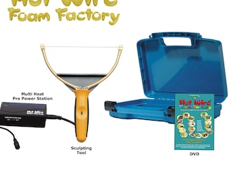 May include: A blue carrying case with a hot wire foam factory sculpting tool, a power station, and a DVD. The tool is yellow and gold with a black handle. The DVD has a picture of a variety of foam creations.