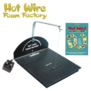 May include: A black hot wire foam cutter with a scroll table and a silver wire. The cutter is plugged into a black power adapter. The image also includes a pamphlet with the text "Hot Wire Foam Factory" and a variety of foam craft ideas.