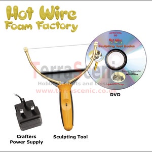 May include: A gold-colored hot wire foam cutting tool with a black handle and a power supply. The tool is used for cutting foam for crafts and hobbies. The image also includes a DVD with the title "Hot Wire Foam Factory Sculpting Tool Basics".