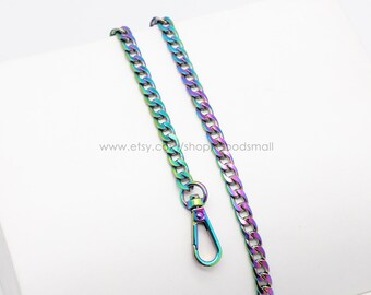 May include: Two iridescent rainbow colored metal chain straps with a lobster clasp on one end. The chains are on a white background.