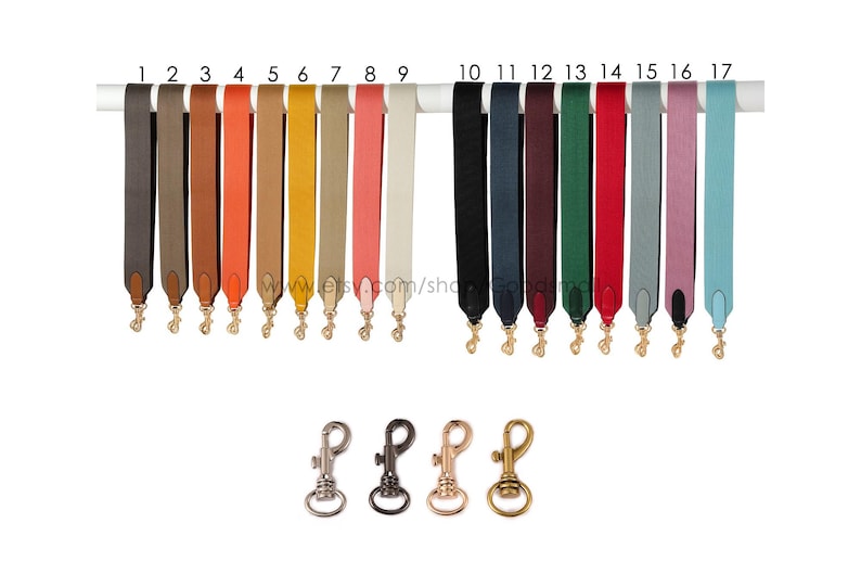 May include: A collection of 17 colorful purse straps in various shades, including black, blue, red, and pink, with gold-colored clasps. The straps are displayed on a white bar, with four different clasp styles below.