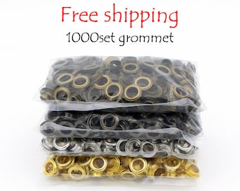 May include: Four bags of metal grommets in different colors: gold, silver, black, and brass. The bags are stacked on top of each other. The text "Free shipping 1000set grommet" is visible at the top of the image.