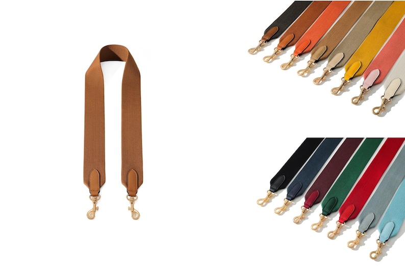 May include: A brown shoulder bag strap with gold-colored clasps. Additional straps in various colors, including black, orange, tan, yellow, pink, white, navy, burgundy, green, red, and light blue, are also displayed.