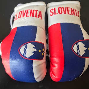 May include: A pair of red, white and blue boxing gloves with the word "SLOVENIA" printed on each glove. The gloves feature the Slovenian flag with a white coat of arms on a blue background.