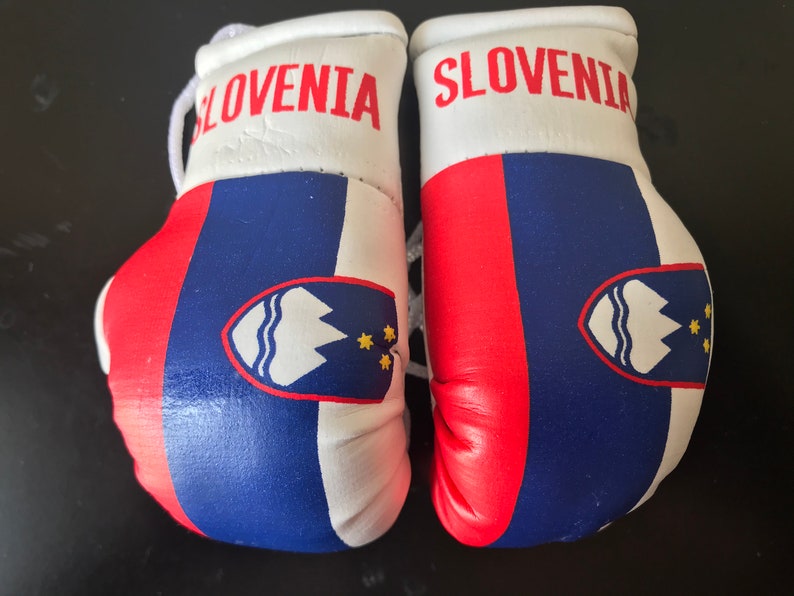 May include: A pair of red, white and blue boxing gloves with the word "SLOVENIA" printed on each glove. The gloves feature the Slovenian flag with a white coat of arms on a blue background.