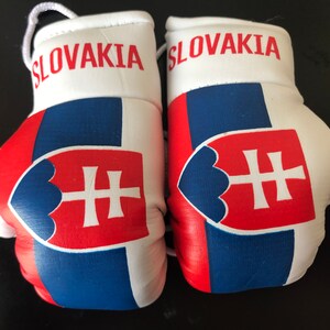 May include: A pair of white boxing gloves with the Slovakian flag and the word "SLOVAKIA" printed on them.