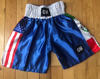 GM Blue US/Mexico Flag White Elastic Boxing Shorts, Boxing Training, Fitness, Boxing & MMA Short, Martial Art, Grappling, Sports Short Trunk
