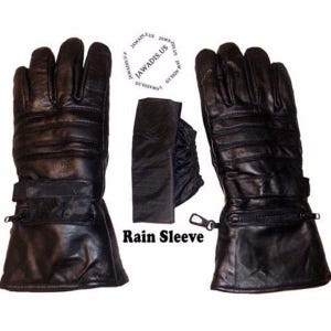 May include: A pair of black leather motorcycle gloves with a zipped wrist closure and a rain sleeve. The gloves have a textured design and are made of high-quality leather.