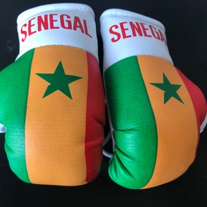 May include: A pair of boxing gloves featuring the Senegalese flag design. The gloves are white with red lettering that says "SENEGAL" and feature the green, yellow, and red colours of the Senegalese flag with a green star in the centre.