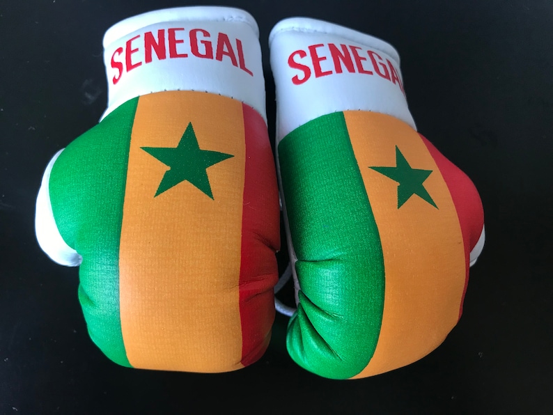 May include: A pair of boxing gloves featuring the Senegalese flag design. The gloves are white with red lettering that says "SENEGAL" and feature the green, yellow, and red colours of the Senegalese flag with a green star in the centre.
