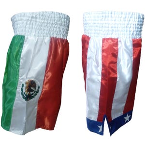 Vlag VS/MEXICO met witte elastische riem Boksen, bokstraining, fitness, boks-MMA, vechtsport, grappling, sportshorts Trunks