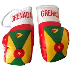 May include: A pair of red, yellow and green boxing gloves with the word "GRENADA" printed on the white cuff of each glove. The gloves are decorated with the flag of Grenada.