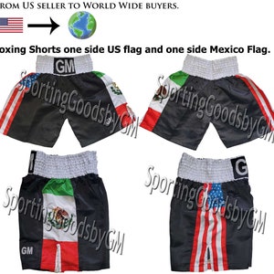 Vlag van de VS/MEXICO zwarte stof met witte elastische boksen, bokstraining, fitness, MMA boksen, vechtkunst, worstelen, sportshorts Trunks
