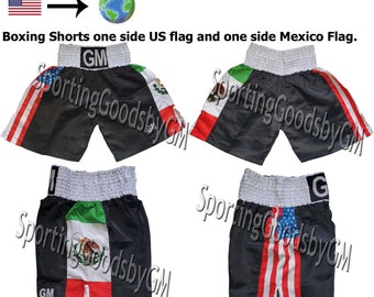 US/MEXICO Flag Black Fabric with White Elastic Boxing, Boxing Training, Fitness, Boxing MMA, Martial Art, Grappling, Sports Shorts Trunks