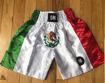 GM MEXICO Flag with Green/White/Red Elastic Boxing Short, Boxing Training, Fitness, Boxing MMA, Martial Art, Grappling, Sports Shorts Trunks