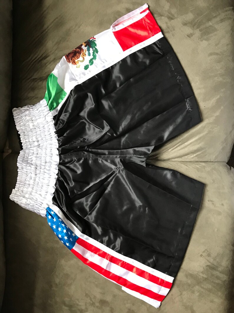 MEXICO//US Flag Black Elastic Belt Boxing Shorts Trunks Boxing Training Fitness