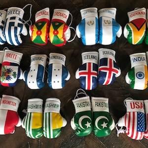 Mini Boxing Gloves Flag of Greece, Grenada, Guatemala,Guyana, Haiti, Honduras, Iceland,  India, Indonesia, Kashmir, Pakistan USA Flag Boxing
