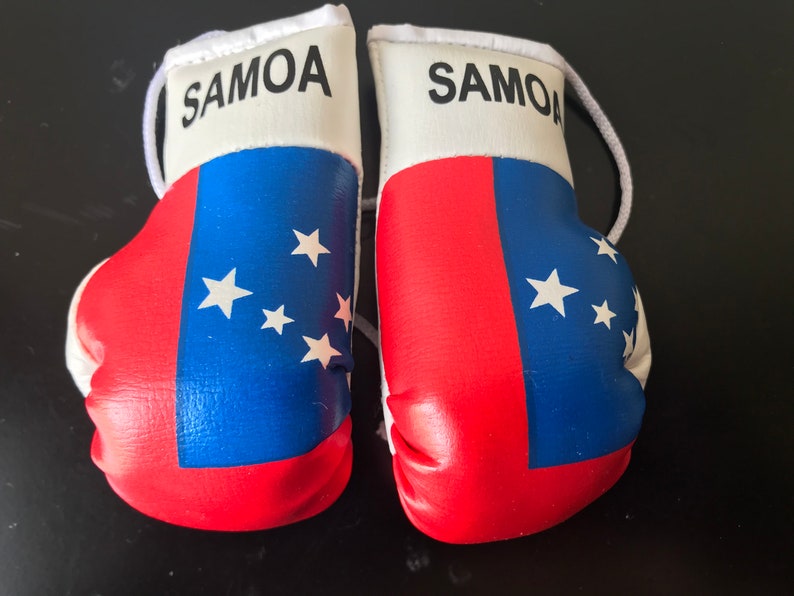 May include: A pair of red, white and blue boxing gloves with the word "SAMOA" printed on the white part of each glove. The gloves are decorated with the flag of Samoa.