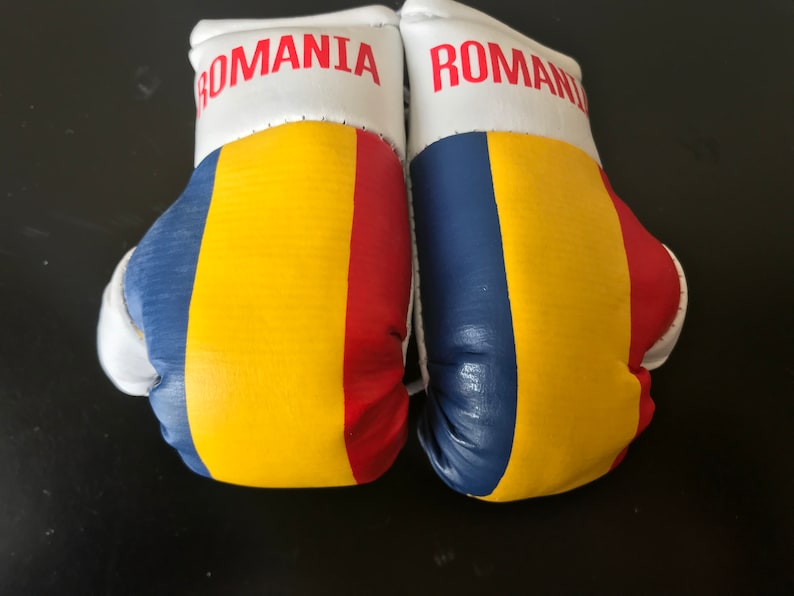 May include: A pair of white boxing gloves with the Romanian flag on them. The gloves have the word "ROMANIA" printed on the top of each glove.