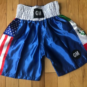 Blauwe vlag VS/MEXICO met wit elastiek boksen, bokstraining, fitness, boks-MMA, vechtsport, grappling, sportshorts Trunks