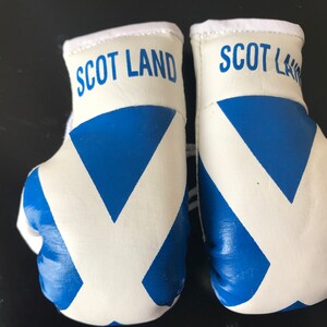 May include: A pair of white boxing gloves with blue accents. The gloves are decorated with the Scottish flag and the word "SCOTLAND" is printed on the top of each glove.