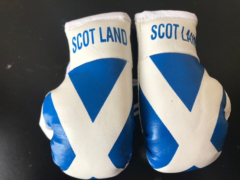 May include: A pair of white boxing gloves with blue accents. The gloves are decorated with the Scottish flag and the word "SCOTLAND" is printed on the top of each glove.