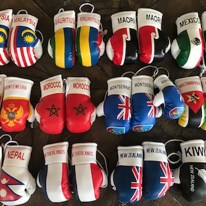Mini Boxing Gloves Flag of Malaysia, Mauritius, Maori, Mexico, Montenegro,Morocco,Montserrat,Mozambique, Nepal,Netherlands,New Zealand, KIWI