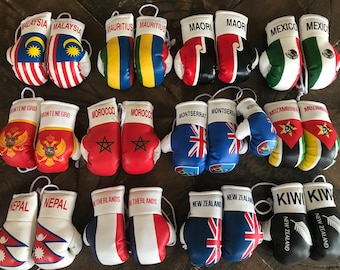 Mini Boxing Gloves Flag of Malaysia, Mauritius, Maori, Mexico, Montenegro,Morocco,Montserrat,Mozambique, Nepal,Netherlands,New Zealand, KIWI