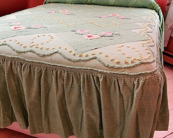 Vintage Green Chenille Bedspread CUTTER