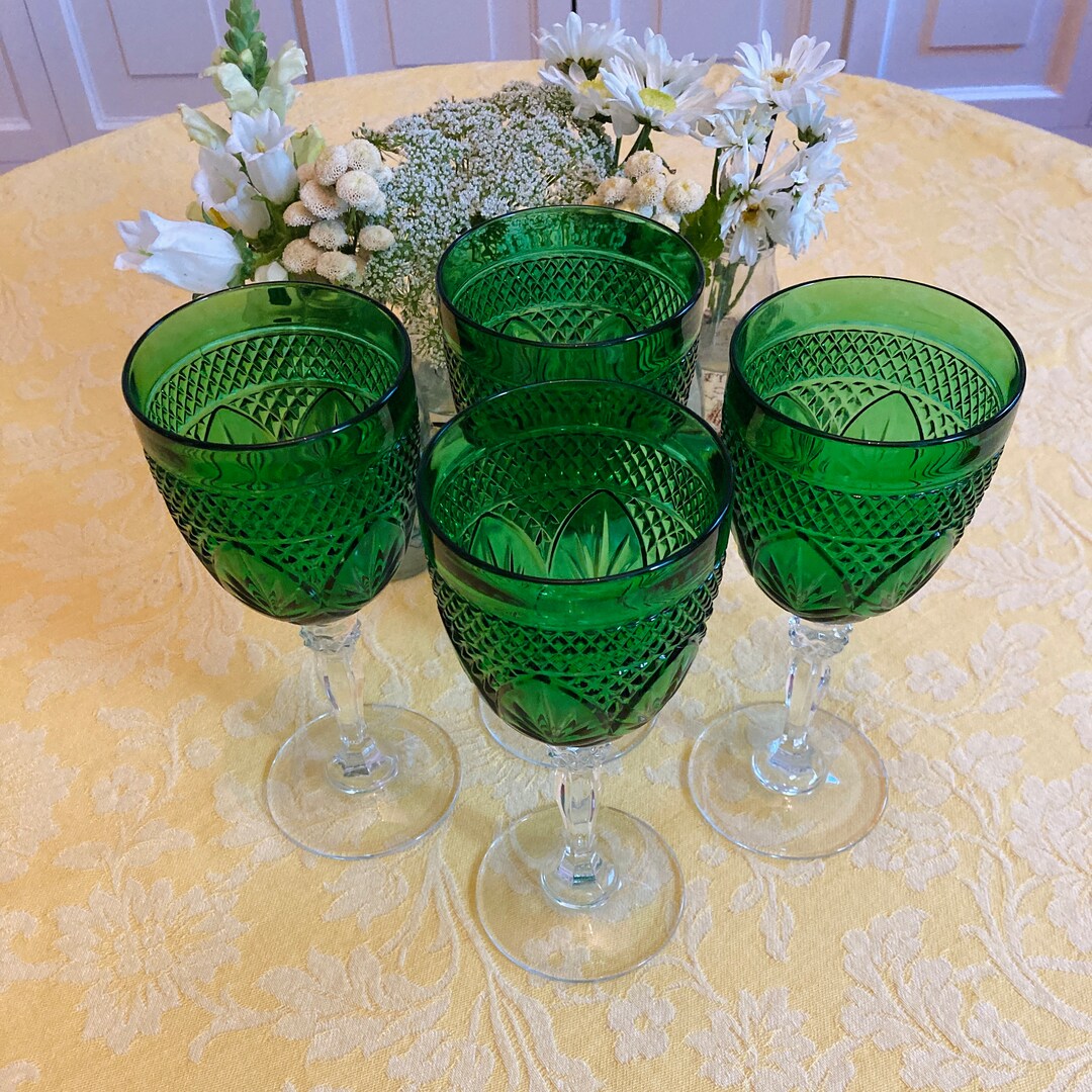 Four Green Cut Glass Wine Glasses Etsy
